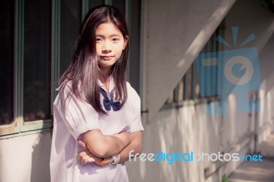 Portrait Of Thai Student Teen Beautiful Girl Happy And Relax Stock Photo