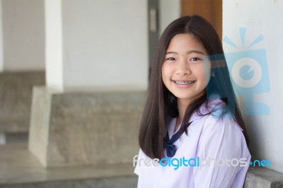 Portrait Of Thai Student Teen Beautiful Girl Happy And Relax Stock Photo