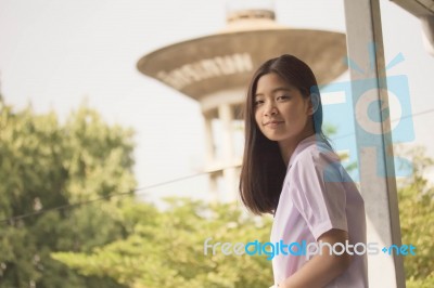 Portrait Of Thai Student Teen Beautiful Girl Happy And Relax Stock Photo