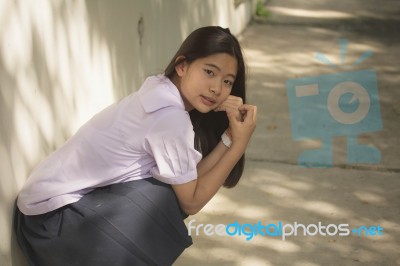 Portrait Of Thai Student Teen Beautiful Girl Happy And Relax Stock Photo