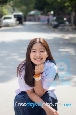 Portrait Of Thai Student Teen Beautiful Girl Happy And Relax Stock Photo