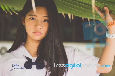 Portrait Of Thai Student Teen Beautiful Girl Happy And Relax Stock Photo