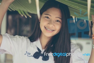 Portrait Of Thai Student Teen Beautiful Girl Happy And Relax Stock Photo