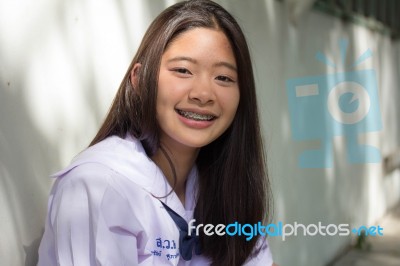 Portrait Of Thai Student Teen Beautiful Girl Happy And Relax Stock Photo