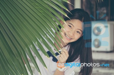 Portrait Of Thai Student Teen Beautiful Girl Happy And Relax Stock Photo