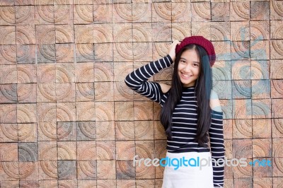 Portrait Of Thai Student Teen Beautiful Girl Relax And Smile Stock Photo