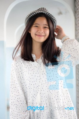 Portrait Of Thai Student Teen Beautiful Girl Relax And Smile Stock Photo