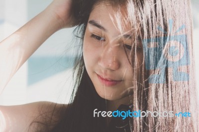 Portrait Of Thai Student Teen Beautiful Girl Relax And Smile Stock Photo