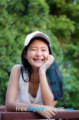 Portrait Of Thai Teen Beautiful Girl Happy And Relax Stock Photo