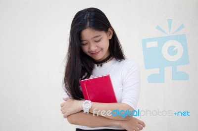 Portrait Of Thai Teen Beautiful Girl Reading Book Stock Photo