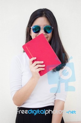 Portrait Of Thai Teen Beautiful Girl Reading Book Stock Photo