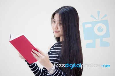 Portrait Of Thai Teen Beautiful Girl Reading Book Stock Photo