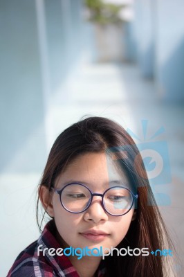 Portrait Of Thai Teen Glasses Beautiful Girl Relax And Smile Stock Photo