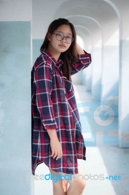 Portrait Of Thai Teen Glasses Beautiful Girl Relax And Smile Stock Photo