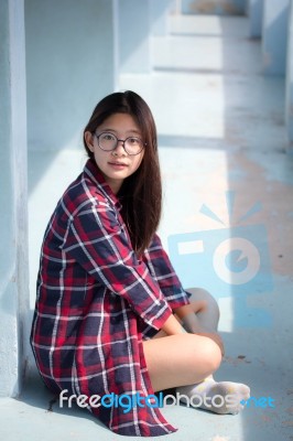 Portrait Of Thai Teen Glasses Beautiful Girl Relax And Smile Stock Photo