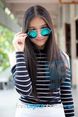 Portrait Of Thai Teen Glasses Beautiful Girl Relax And Smile Stock Photo