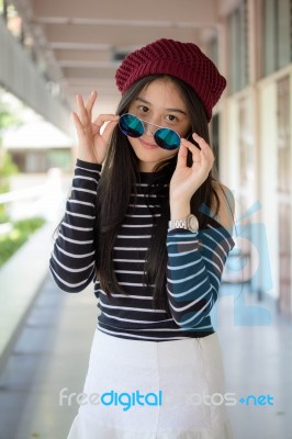 Portrait Of Thai Teen Glasses Beautiful Girl Relax And Smile Stock Photo