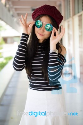 Portrait Of Thai Teen Glasses Beautiful Girl Relax And Smile Stock Photo