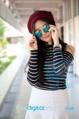 Portrait Of Thai Teen Glasses Beautiful Girl Relax And Smile Stock Photo