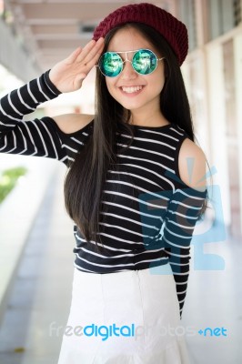 Portrait Of Thai Teen Glasses Beautiful Girl Relax And Smile Stock Photo