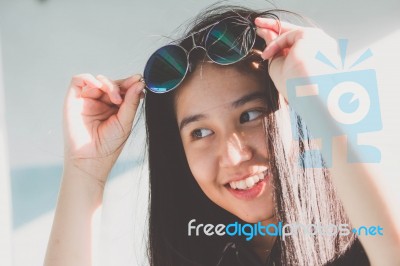 Portrait Of Thai Teen Glasses Beautiful Girl Relax And Smile Stock Photo