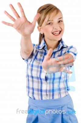 Portrait Of Women Showing Her Hands Wide Open Stock Photo