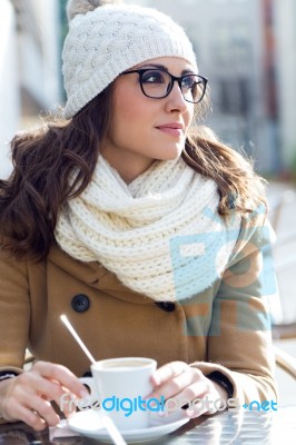 Portrait Of Young Beautiful Woman Drinking Coffee Outdoor Stock Photo