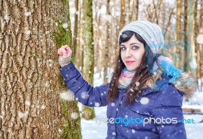 Portrait Of Young Beautiful Woman Walking In The Woods Stock Photo