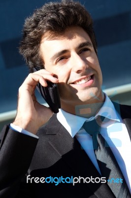 Portrait Of Young Businessman Talking With Smartphone Stock Photo