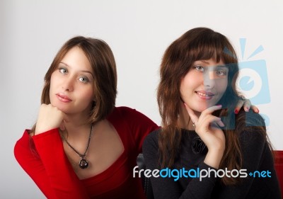 Portrait Of Young Pretty Sisters Twins Stock Photo