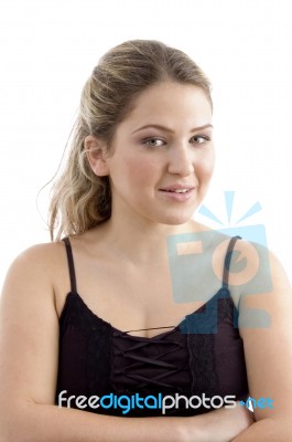 Portrait Of Young Woman With Folded Hands Stock Photo