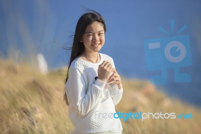 Portrait Toothy Smiling Face Of Asian Girl Relaxing Emotion Outdoor Lifestyle Stock Photo