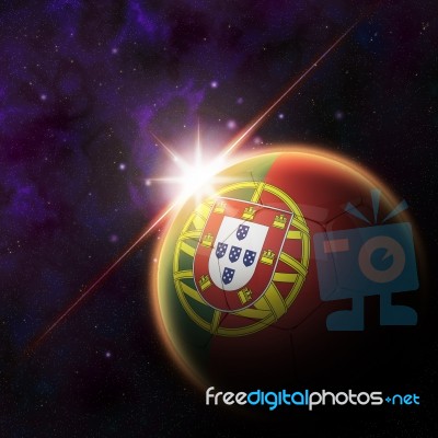 Portugal Flag On 3d Football With Rising Sun Stock Image