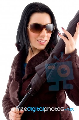 Posing Woman With Umbrella Stock Photo