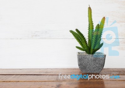 Pot Of Artificial Plant Decorated On Wooden Table Stock Photo