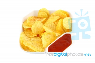 Potato Chip With Chilli Sauce Plate On White Background Stock Photo