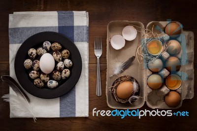 Poultry Eggs Flat Lay Still Life Rustic With Food Stylish Stock Photo