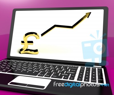 Pound Sign And Up Arrow On Computer For Earnings Or Profit Stock Image