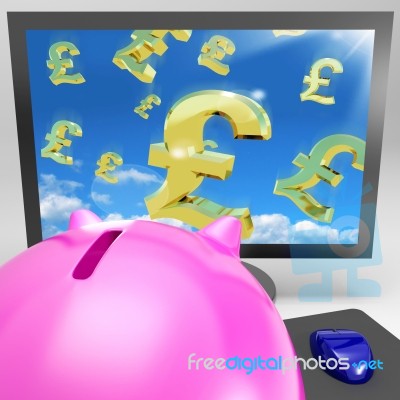 Pound Symbols Flying On Monitor Showing Britain Wealth Stock Image