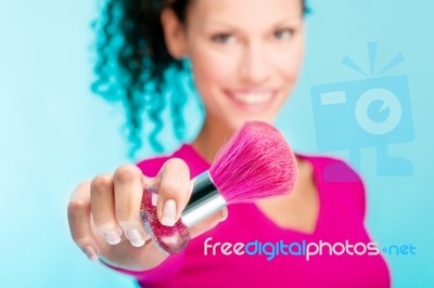 Powder Brush And Woman Stock Photo