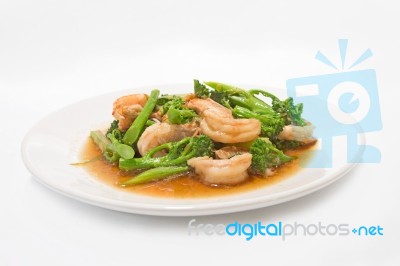 Prawns With Broccoli Fried Sauce Stock Photo