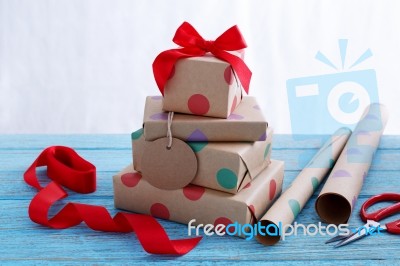 Presents With Wrapping Paper And Ribbon Stock Photo