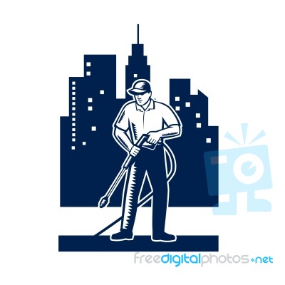 Pressure Washing Buildings Woodcut Retro Stock Image