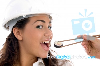 Pretty Architect Eating With Chopstick Stock Photo