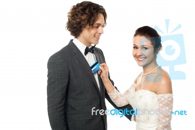 Pretty Bride Holding Debit Card Stock Photo