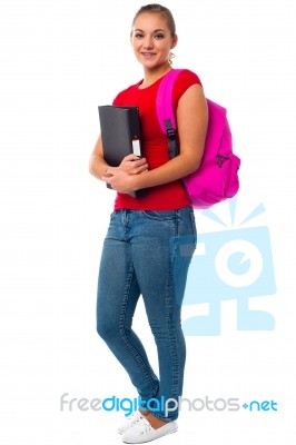 Pretty College Student Carrying Pink Backpack Stock Photo