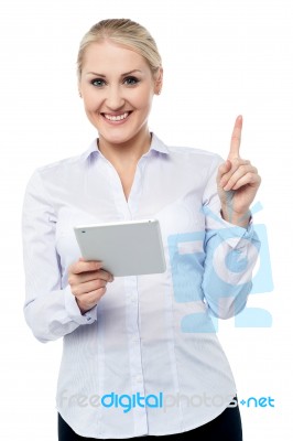 Pretty Corporate Woman Using Tablet Pc Stock Photo