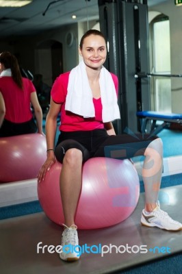 Pretty Fit Woman Sitting On Pink Swiss Ball Stock Photo