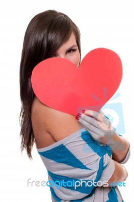 Pretty Girl Behind Valentine's Day Heart Stock Photo