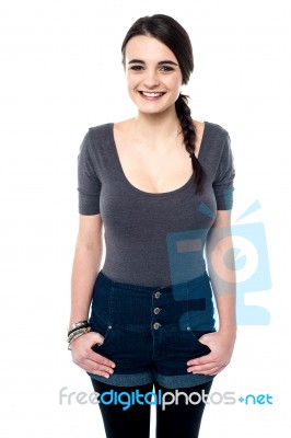 Pretty Girl In Trendy Denim Wear Stock Photo